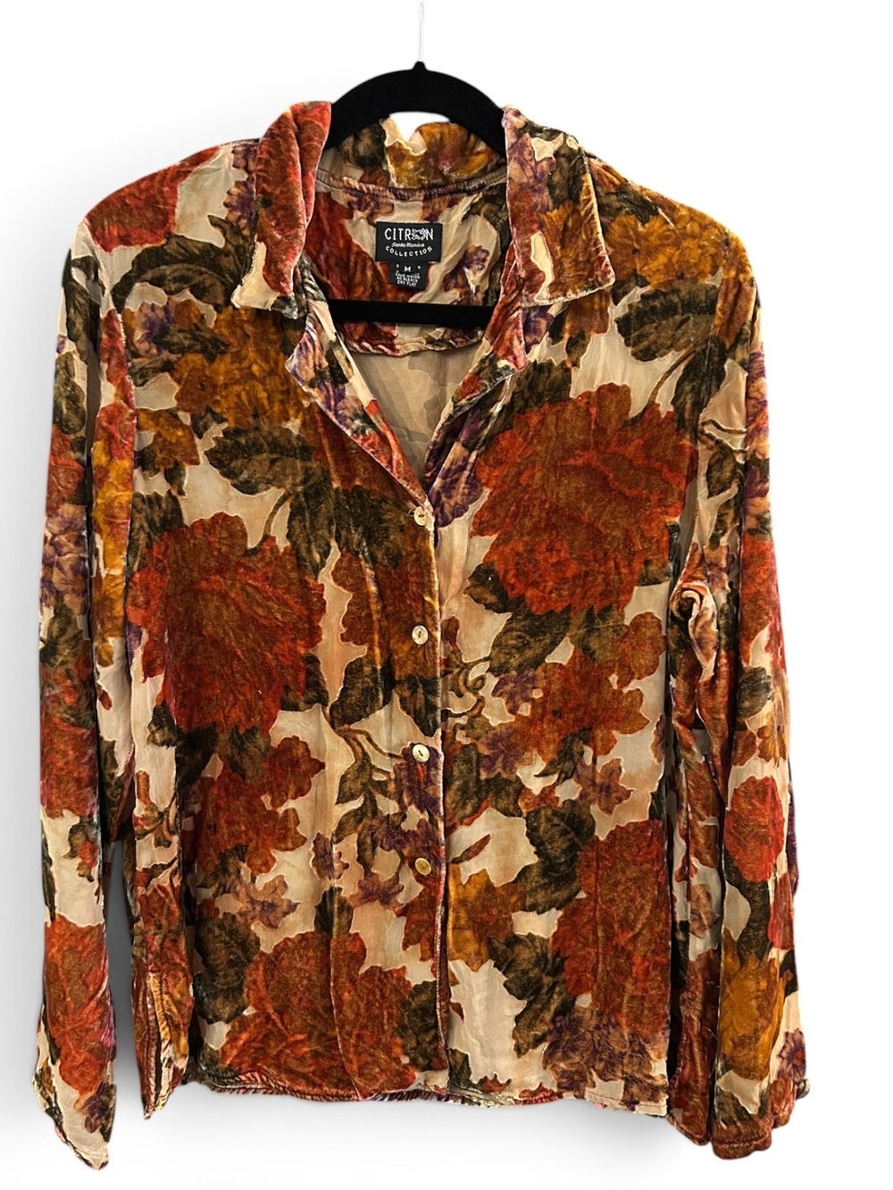 Citron Vintage  Velvet  Burnout Floral Button-Up Blouse  in Multi-Color Size M